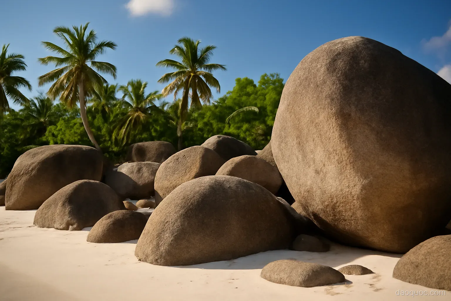 huge rounded granite boulders on a white sand beach with palm trees behind