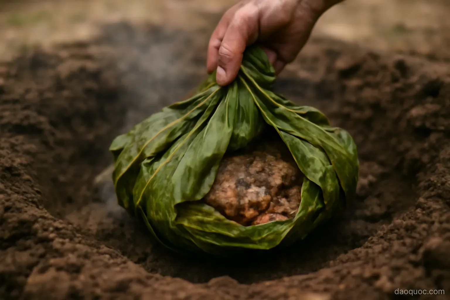food being lifted from an underground earth oven wrapped in large green leaves