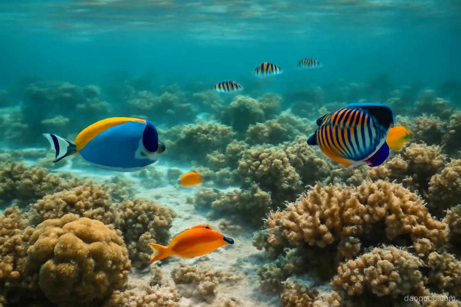 a shallow coral reef with colourful fish seen through clear turquoise water