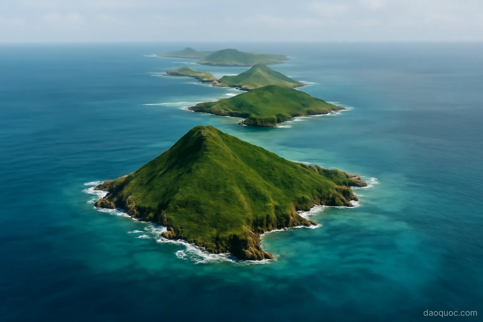 a chain of green volcanic islands seen from the air across a turquoise sea
