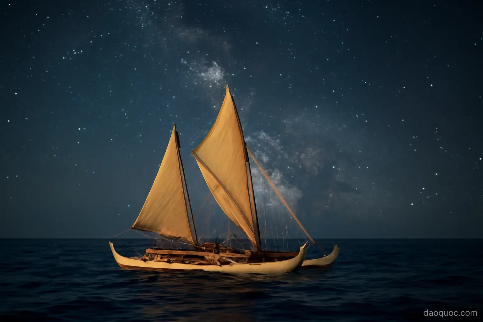 a traditional double-hulled sailing canoe on open ocean under a sky full of stars