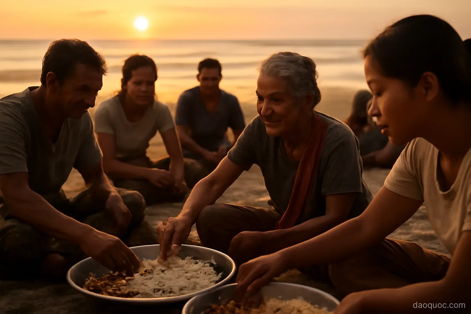 villagers gathered on a beach sharing food from large communal dishes at sunset