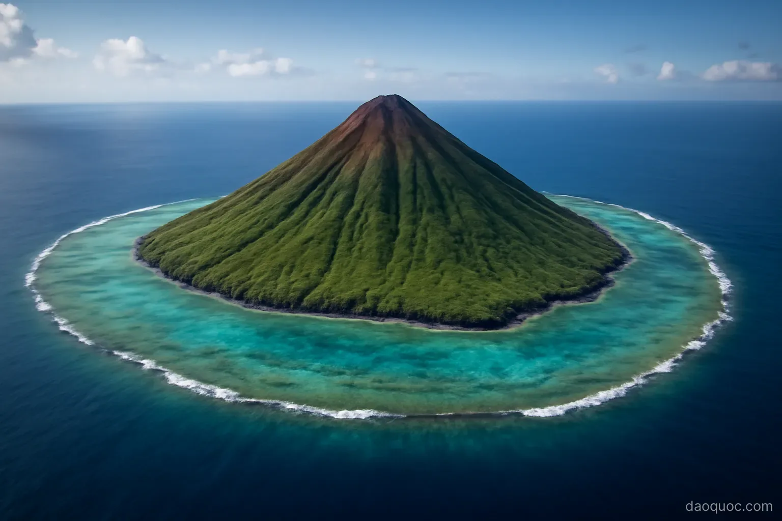 a volcanic island cone rising from the ocean with a fringing coral reef around its base