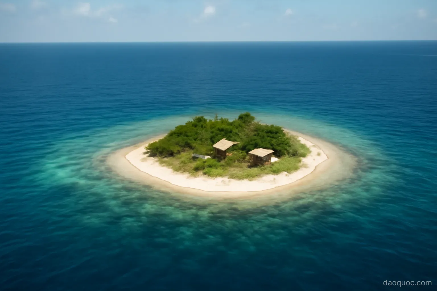a tiny coral island with a few buildings surrounded by vast open ocean seen from the air