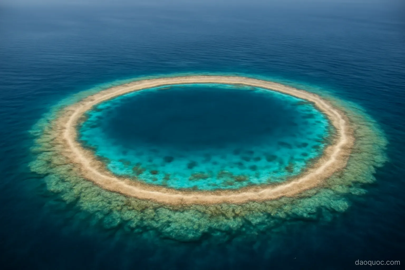 an aerial view of a ring shaped coral atoll with a turquoise lagoon in the centre