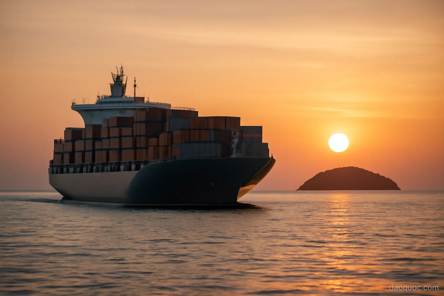 a large container ship passing a small island on the horizon at sunset