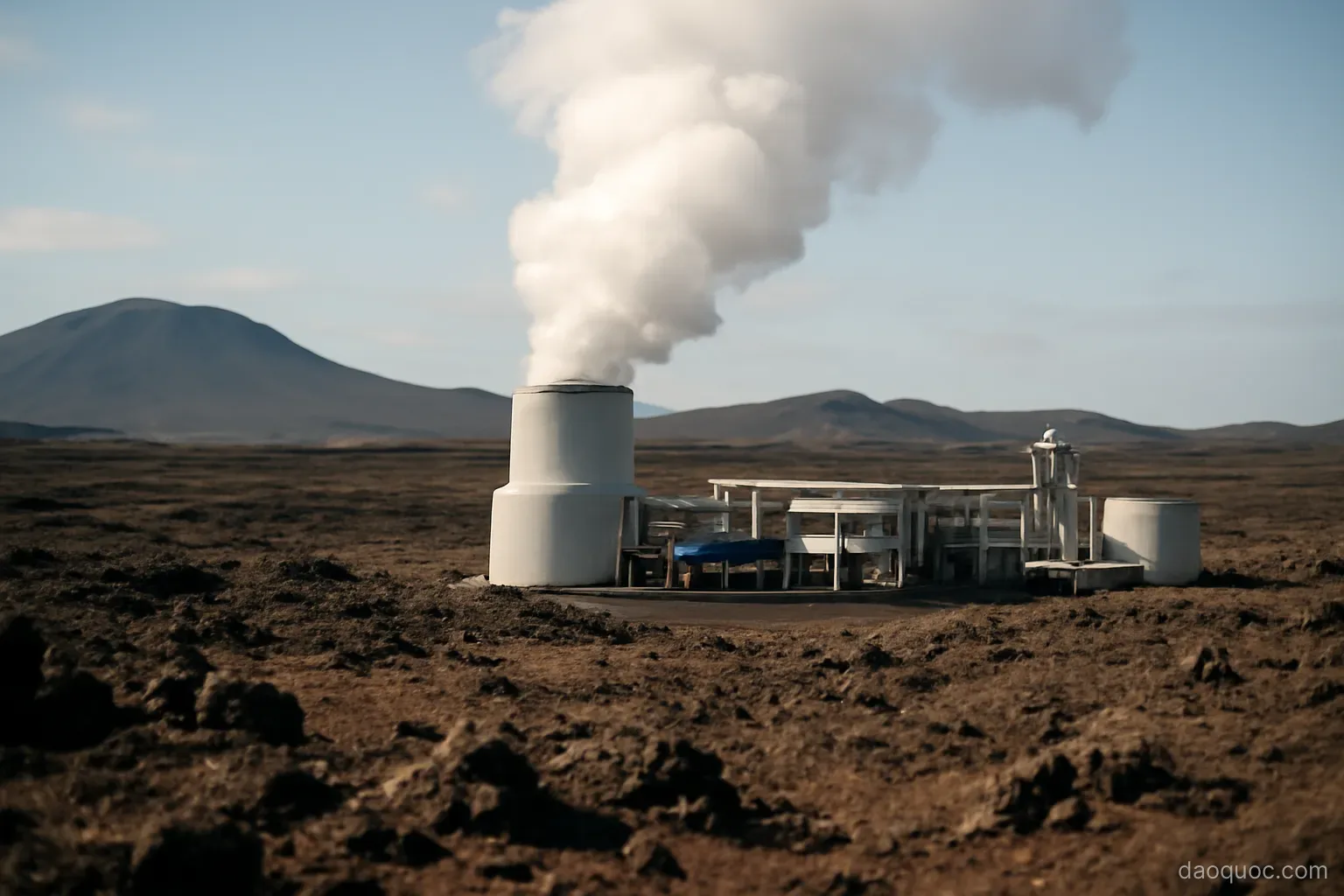 a geothermal power plant releasing steam beside a barren volcanic landscape