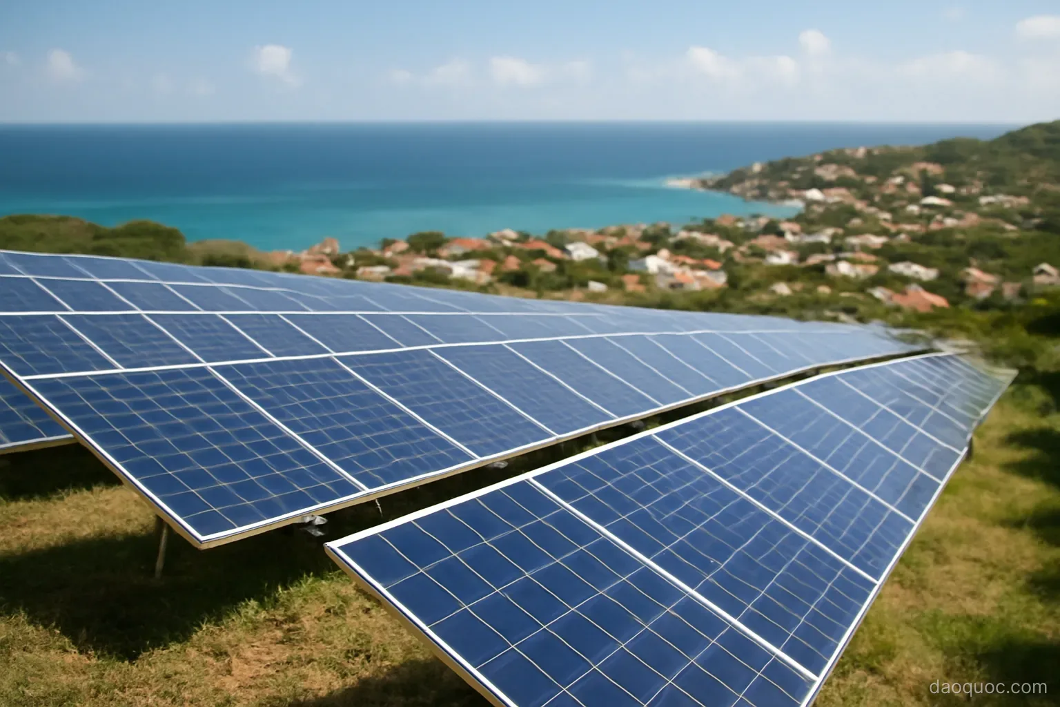 rows of solar panels installed on a hillside above a caribbean coastal town