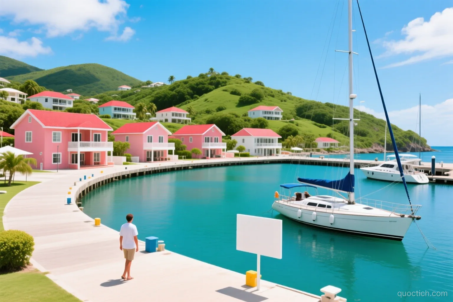 Sunny ground-level wide view of the horseshoe-shaped Carenage harbour of Saint George, Grenada, with pastel red-roofed houses on green hills and white sailboats moored, no people