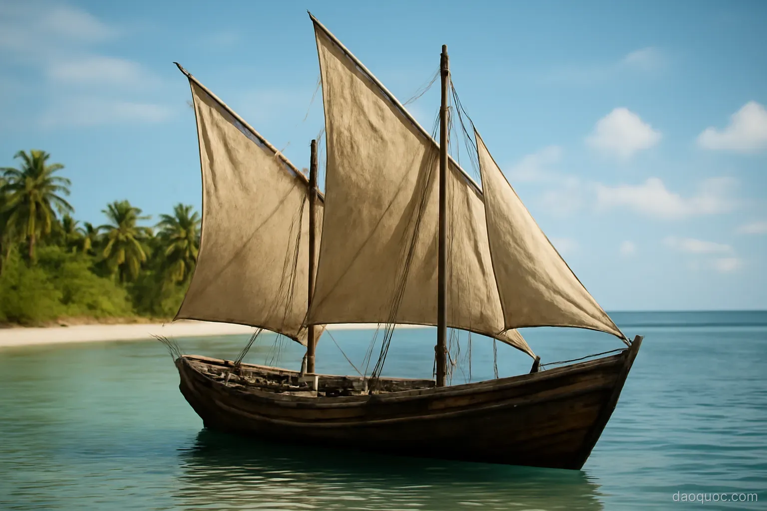 a traditional wooden trading vessel with lateen sails anchored near a tropical shore