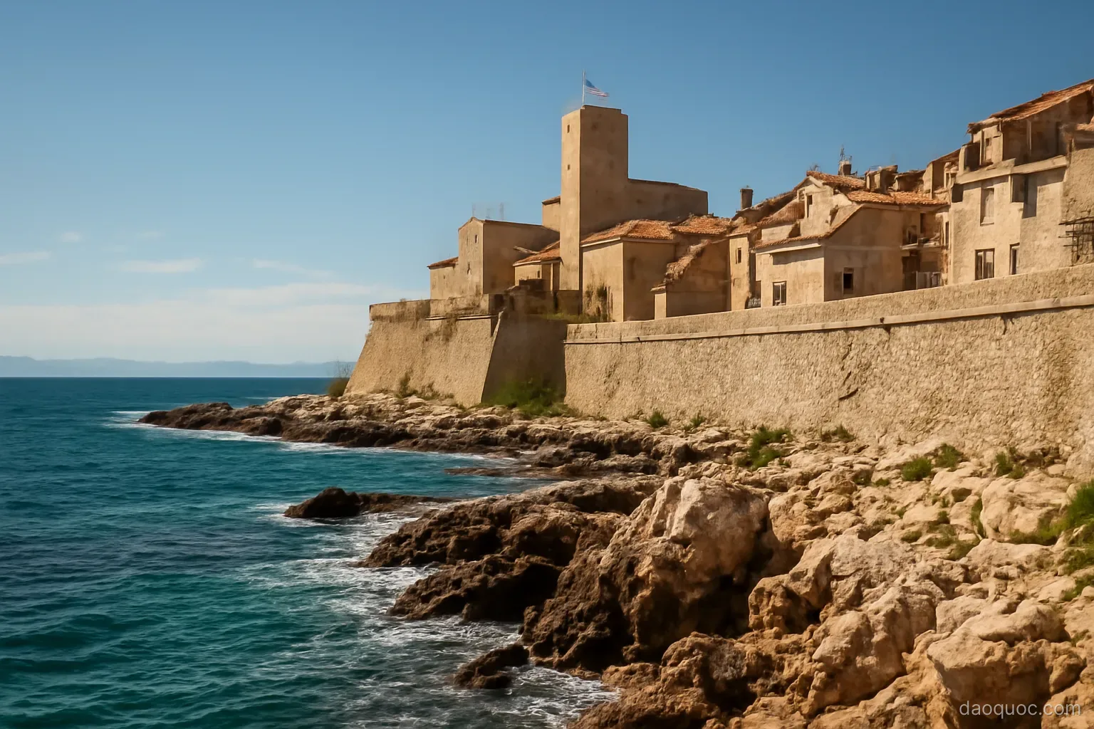 a fortified stone town on a rocky mediterranean coast under bright afternoon sun