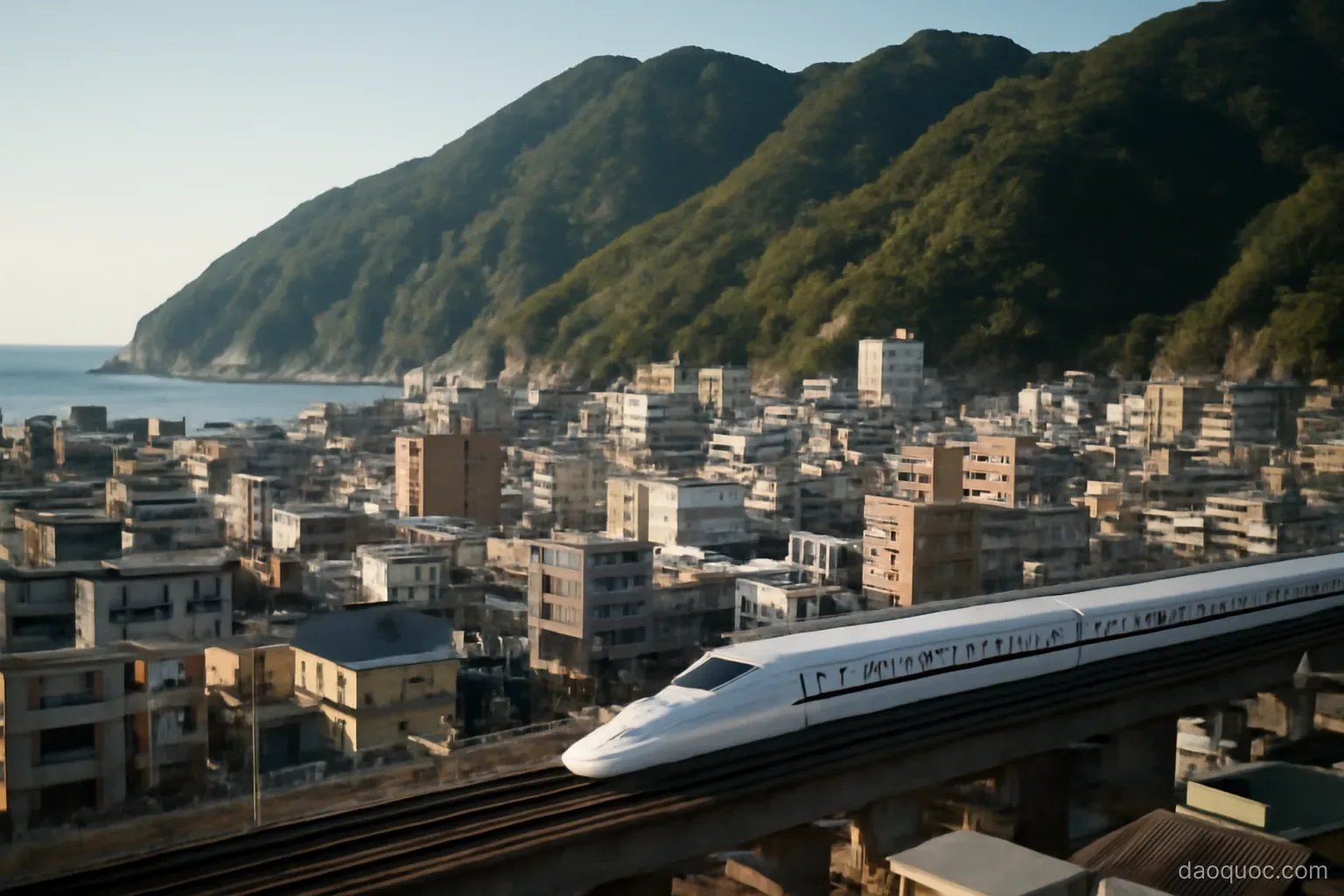 a dense coastal city at the foot of steep forested mountains with a bullet train passing