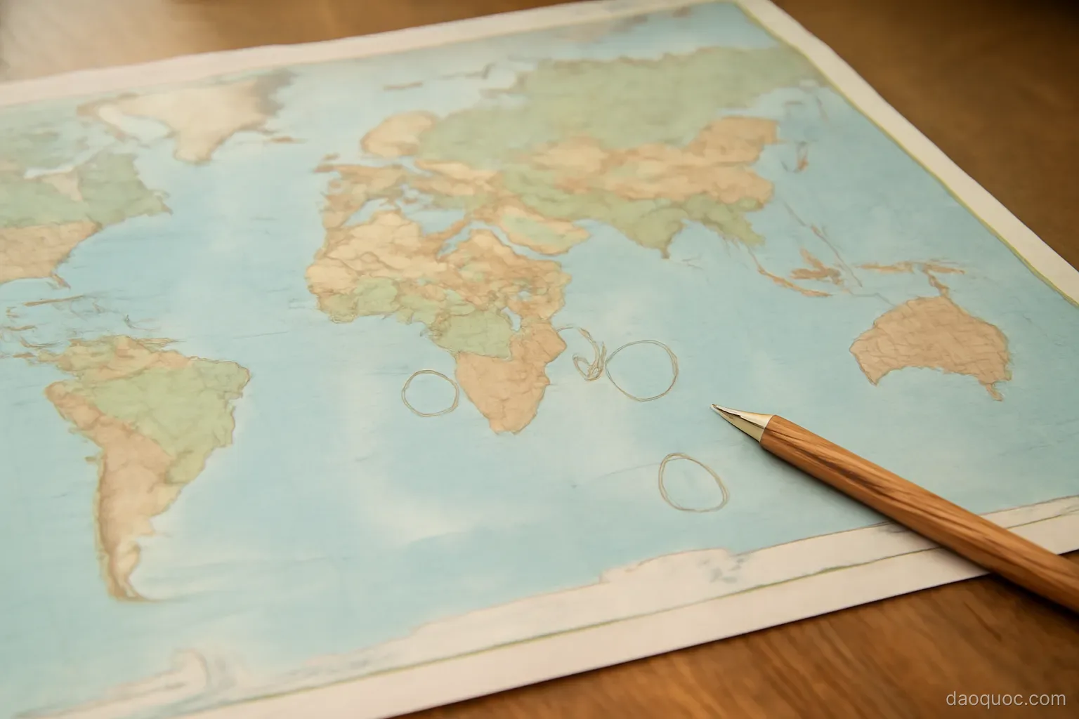 a world map on a wooden table with several small island nations circled in pencil