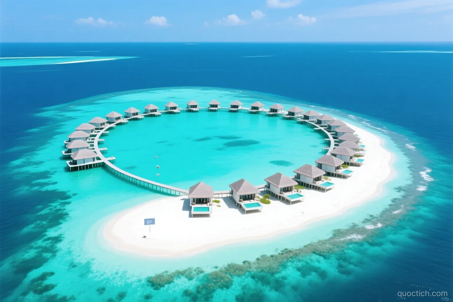 Bright aerial view of a Maldives atoll with a ring of turquoise reef, white sand island and a row of overwater villas on stilts, deep blue ocean around, midday sun, no people