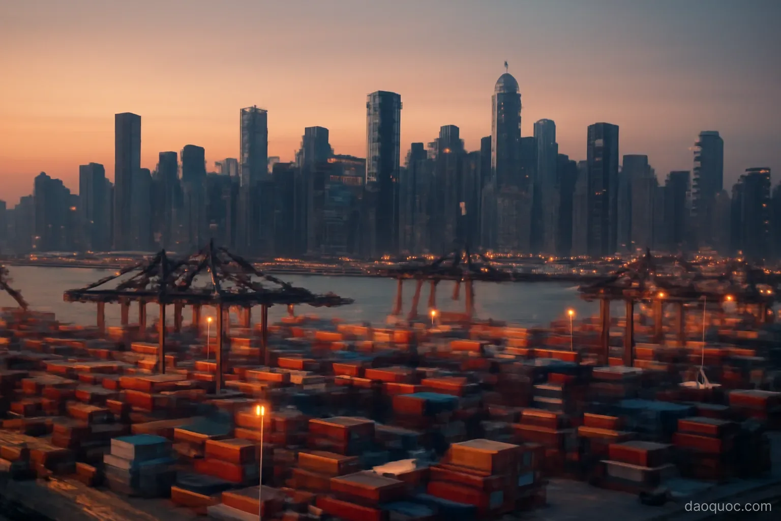 a dense skyline of high rise buildings beside a busy container port at dusk