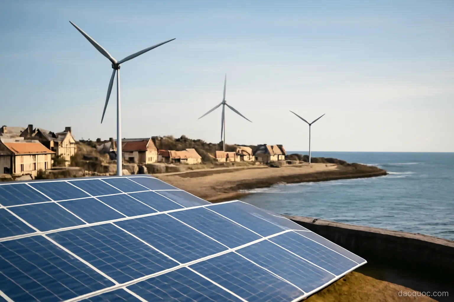 solar panels and wind turbines beside a coastal village with a protective seawall