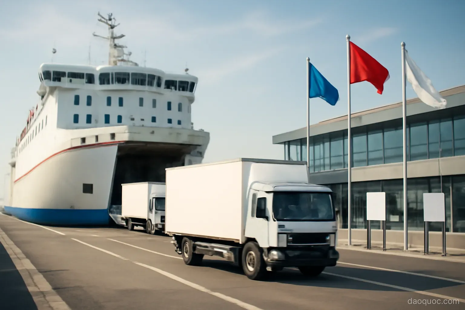 a ferry unloading trucks at a modern port terminal with flags flying nearby