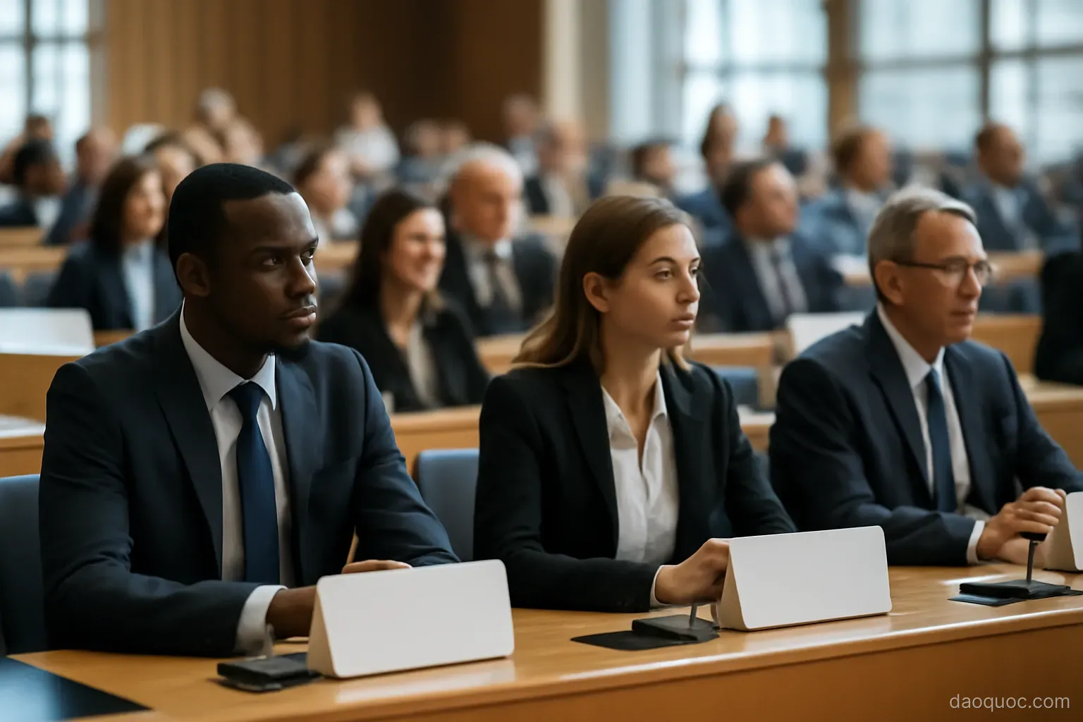 delegates at a large international conference hall with national name plates on tables