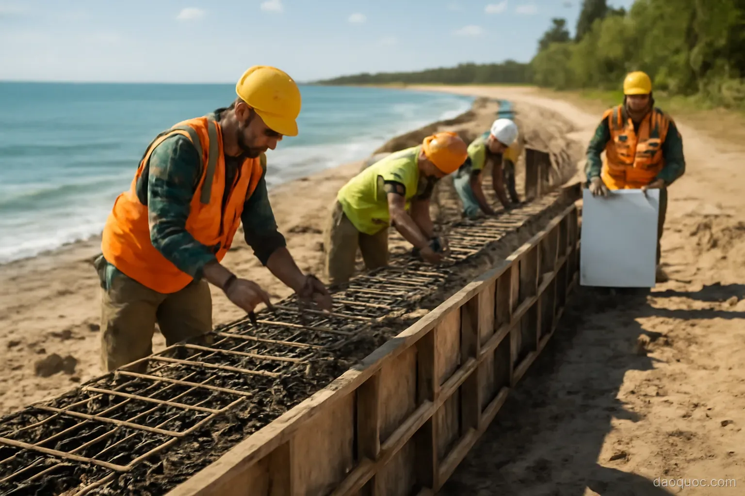 construction workers building a reinforced concrete seawall along an island shore