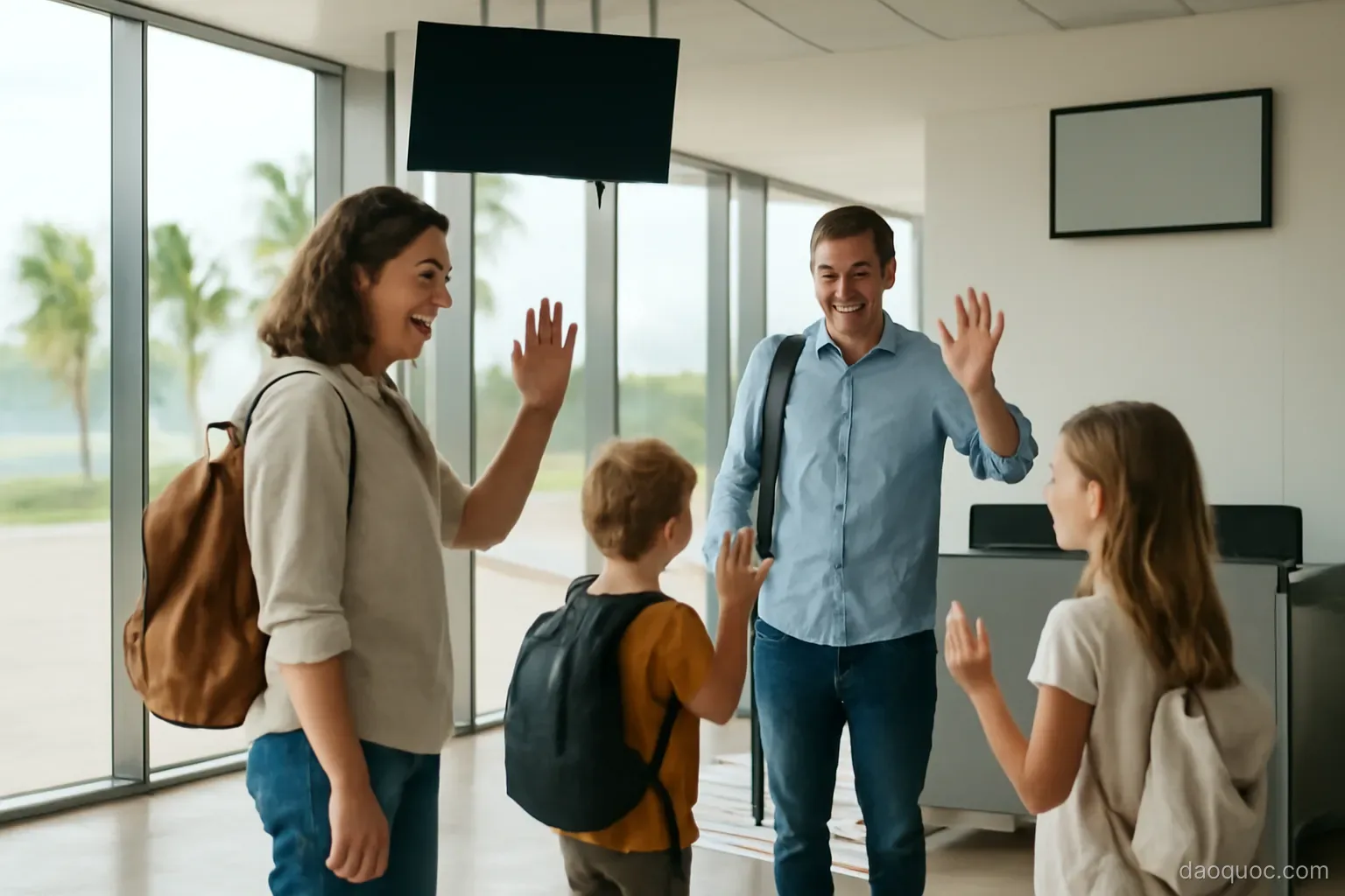 a family saying goodbye at a small island airport departure gate