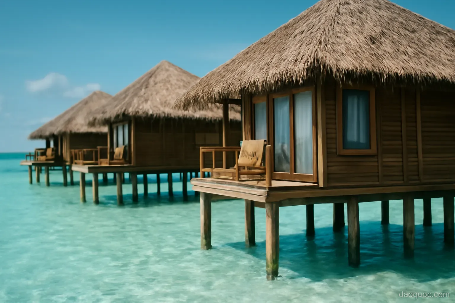 overwater bungalows on stilts above a shallow turquoise lagoon