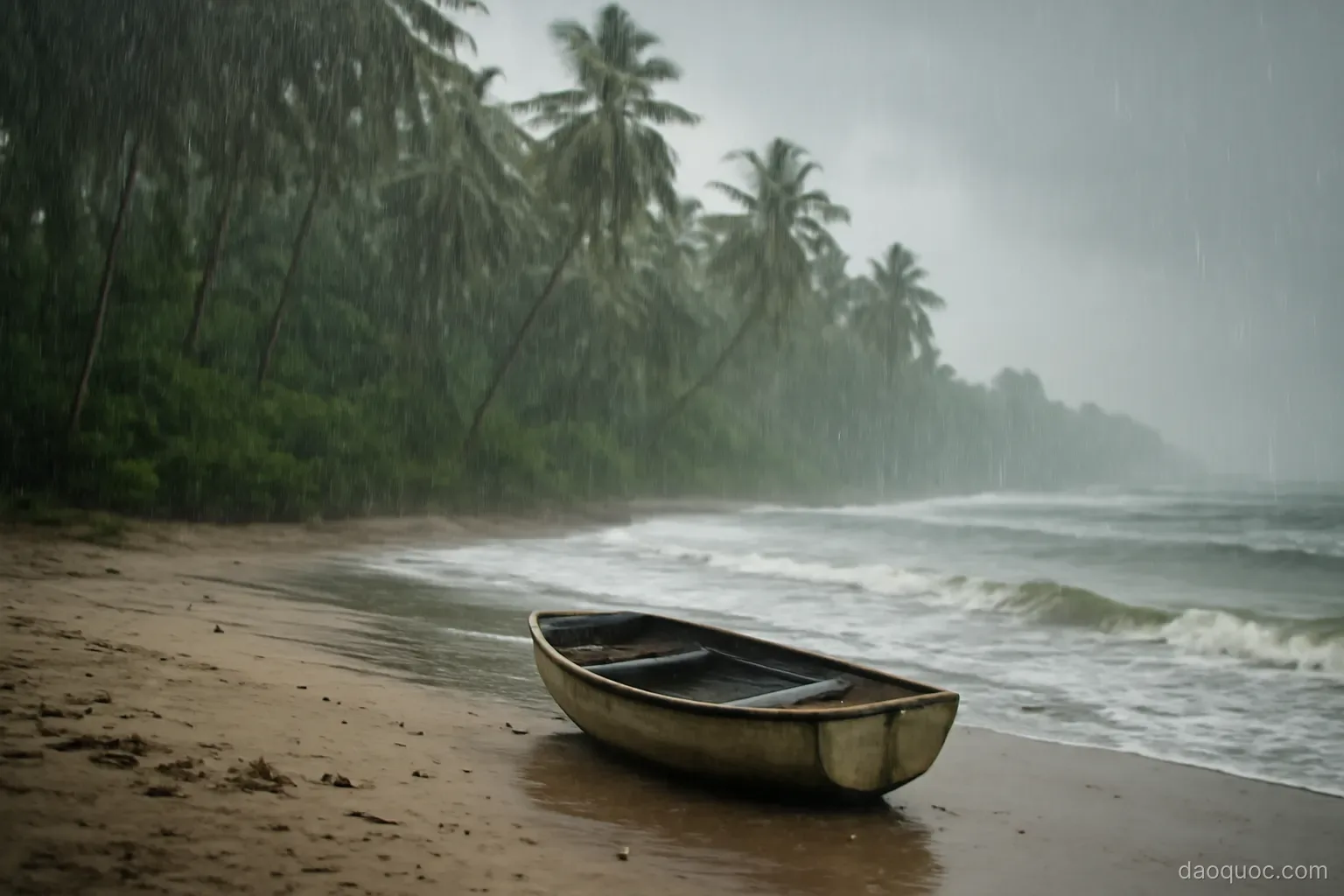 heavy monsoon rain falling on a tropical coastline with a small boat pulled ashore