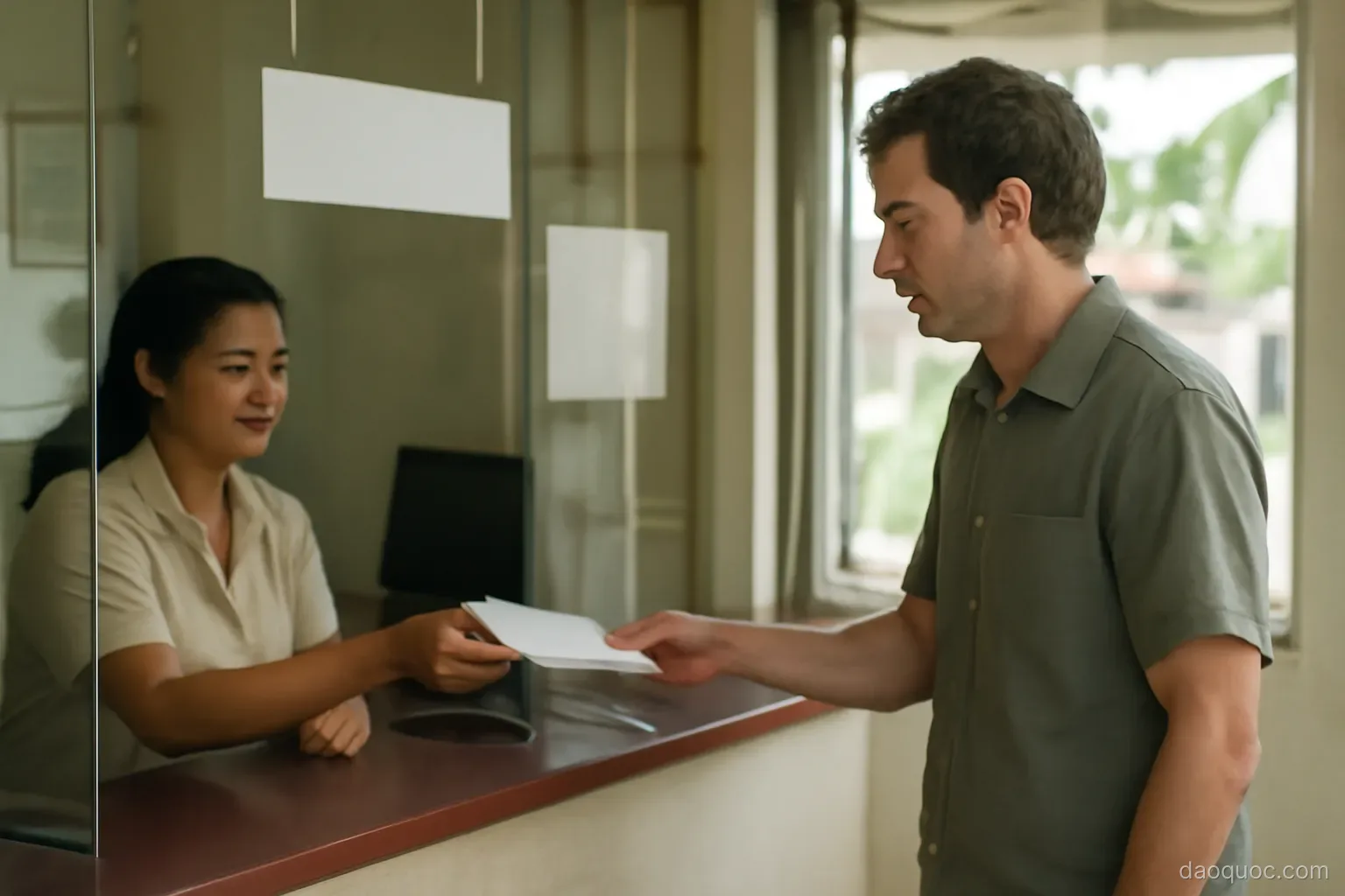 a person at a money transfer counter in a small island town handing over documents