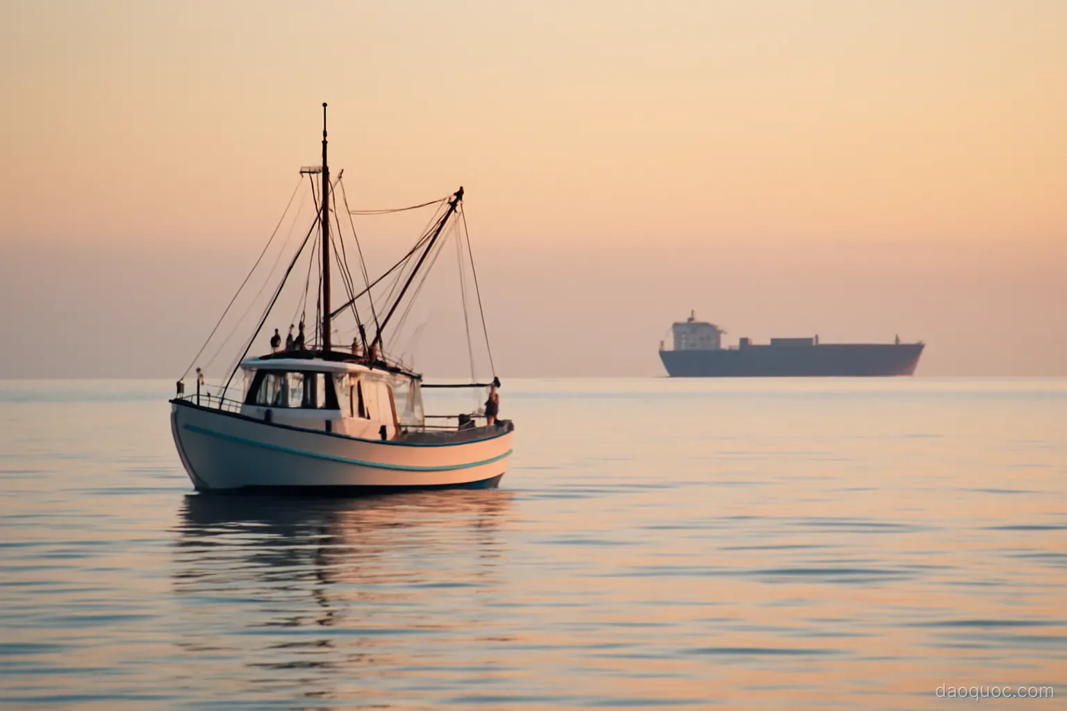 a fishing boat and a distant cargo ship on a vast calm ocean at dawn