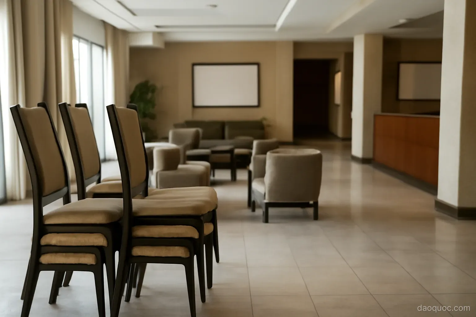 an empty hotel lobby with chairs stacked and no guests during off season