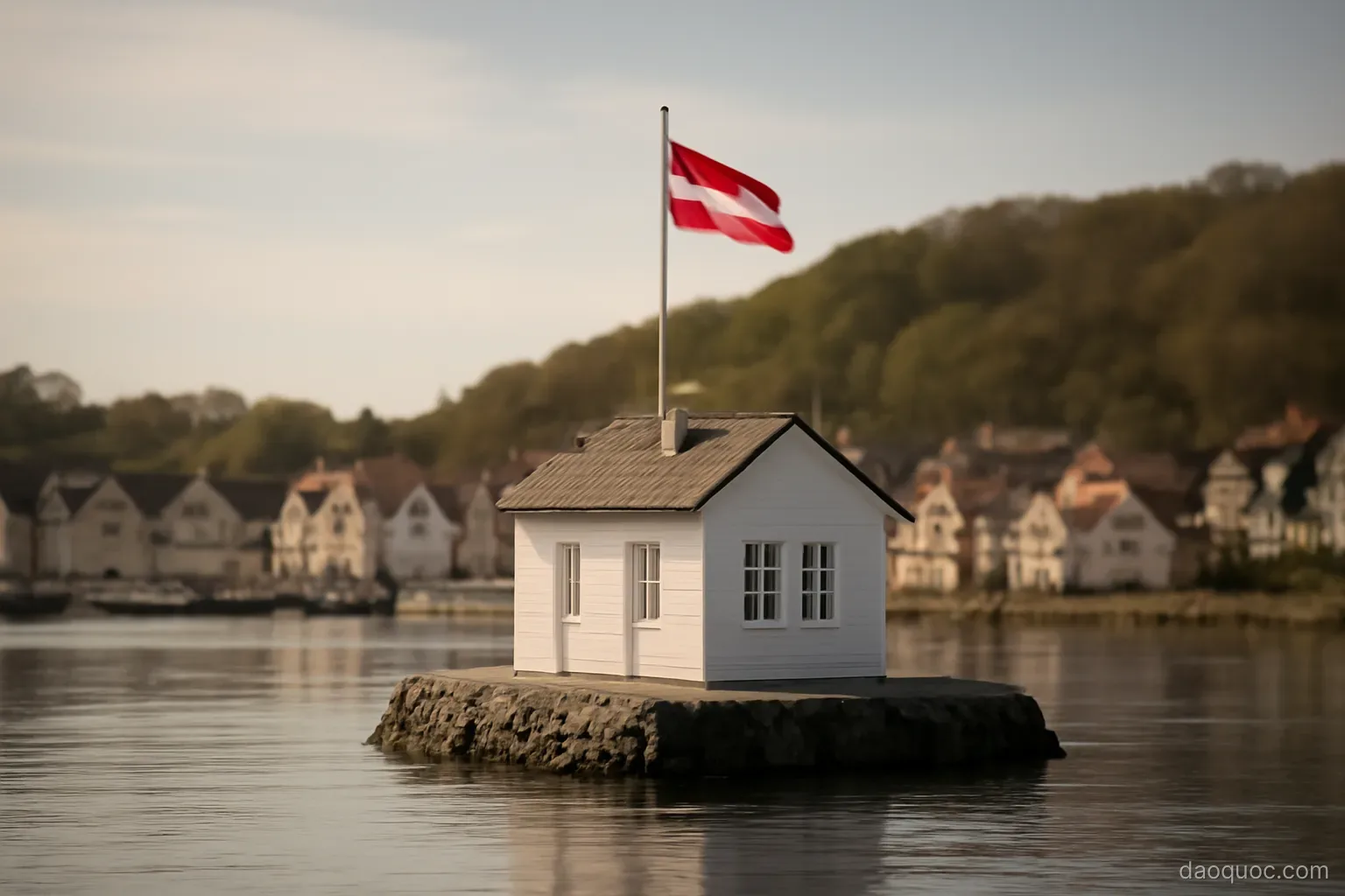 a small island government building with a flag flying over a quiet harbour town