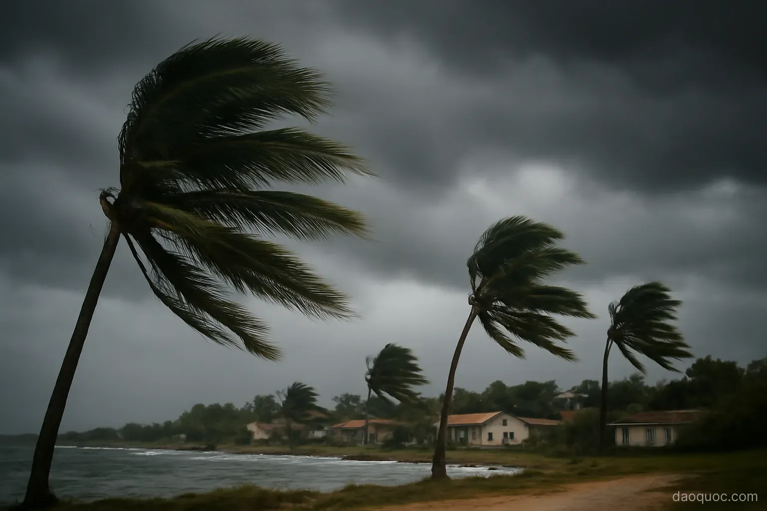 palm trees bending in strong wind with dark storm clouds over a coastal village