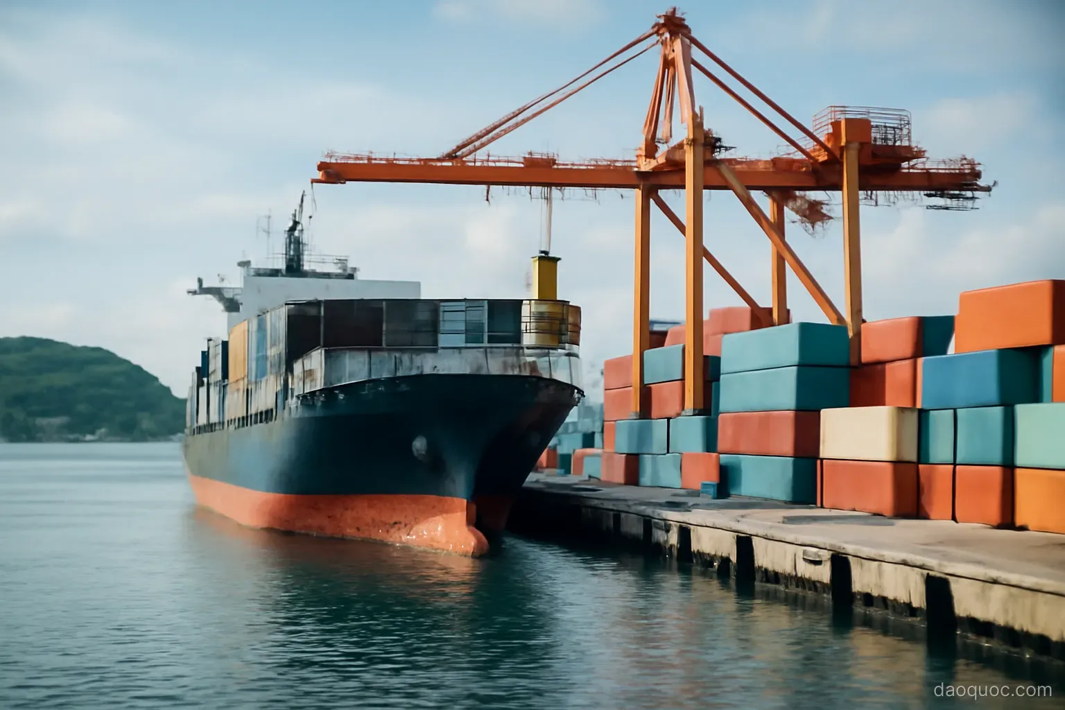 a cargo ship being unloaded at a small island port with containers stacked on the quay