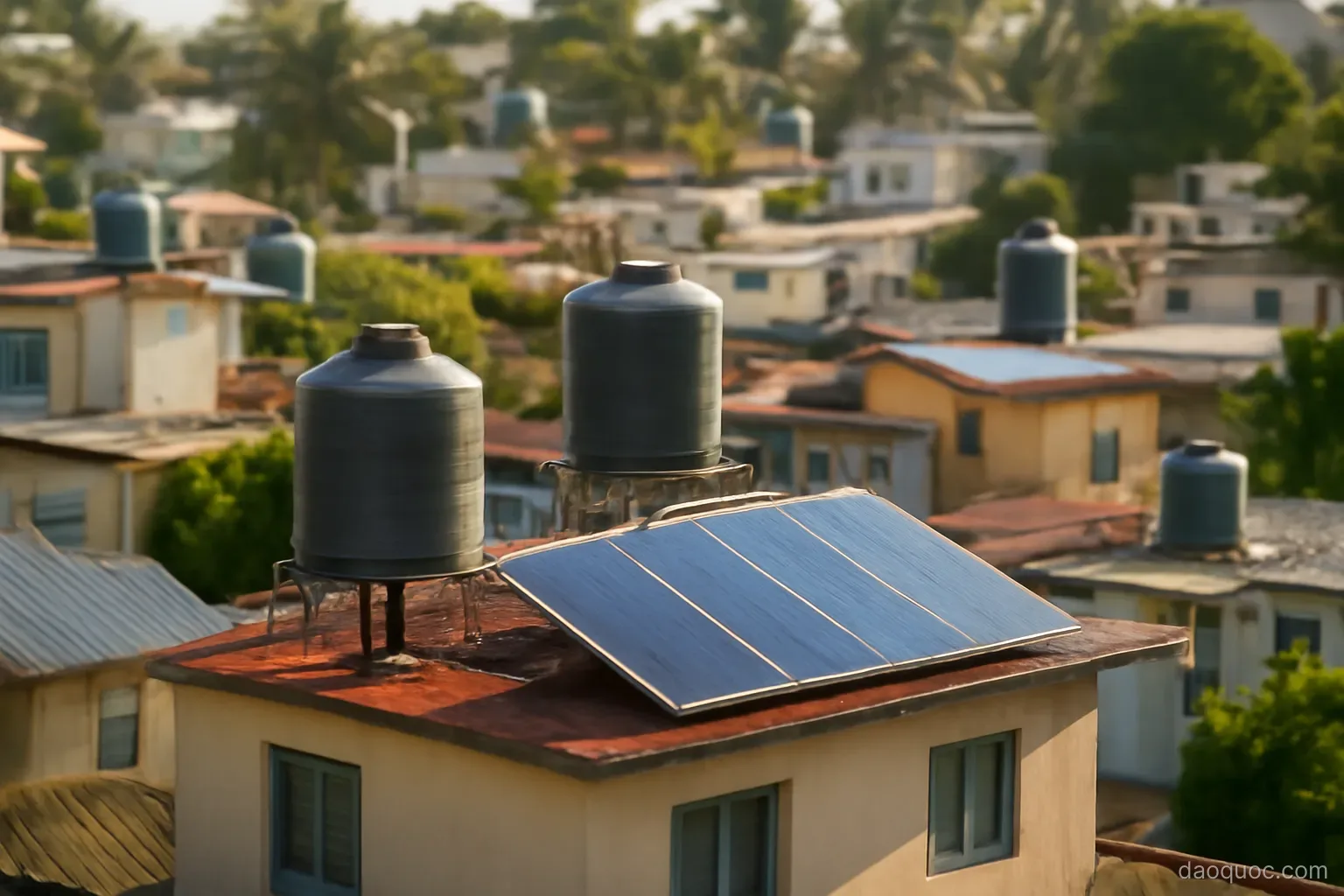 rooftop water tanks and solar panels on houses in a dense island neighbourhood