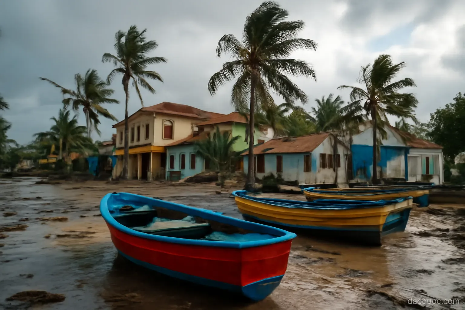 a coastal town with colourful boats and palm trees after a tropical storm has passed