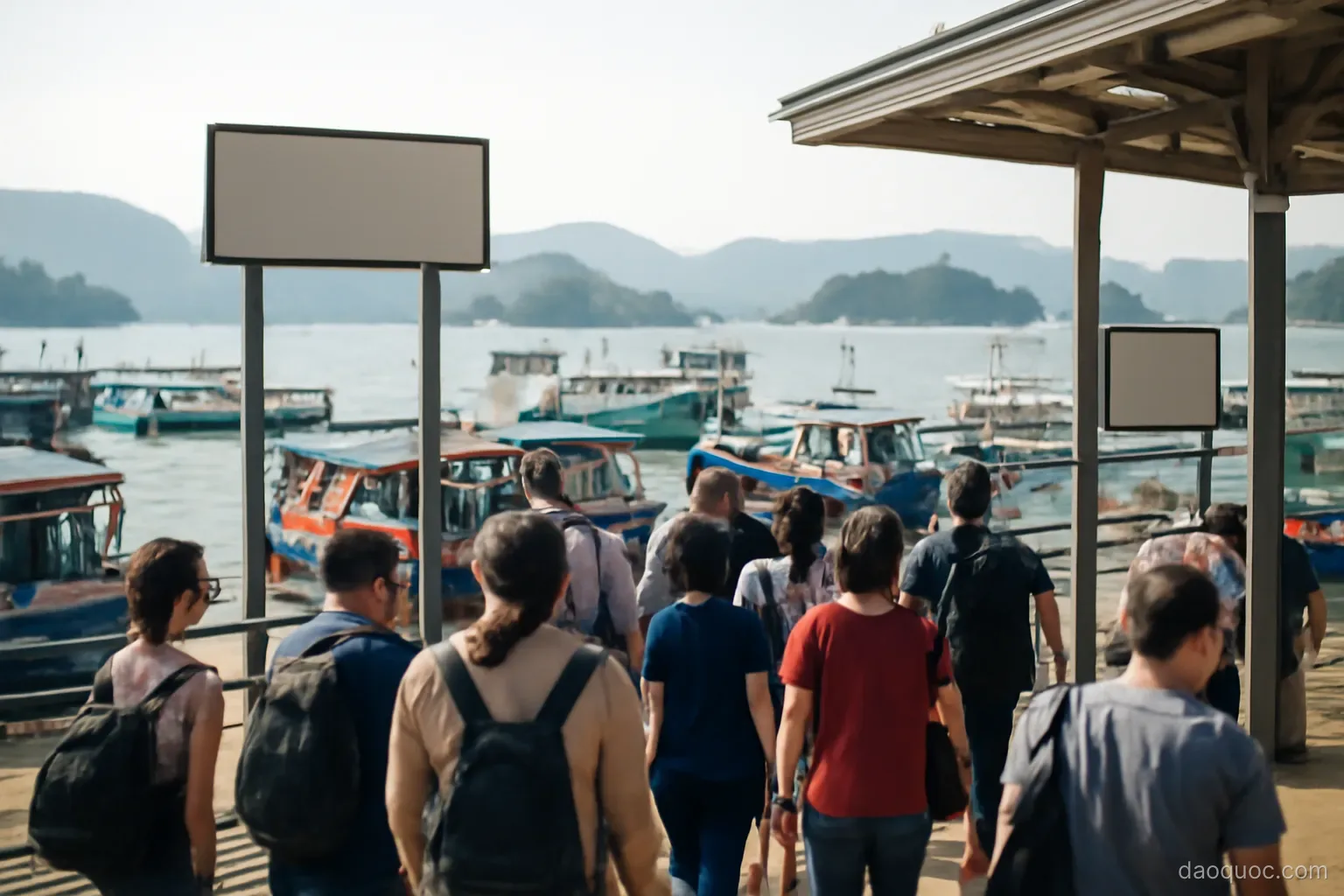 a busy passenger ferry terminal with many small boats and islands in the background