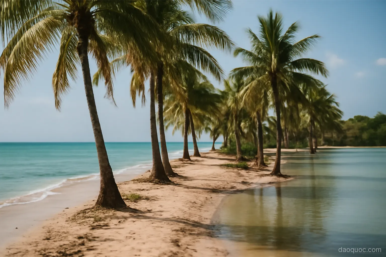 a narrow strip of sandy land with coconut palms between an ocean and a calm lagoon