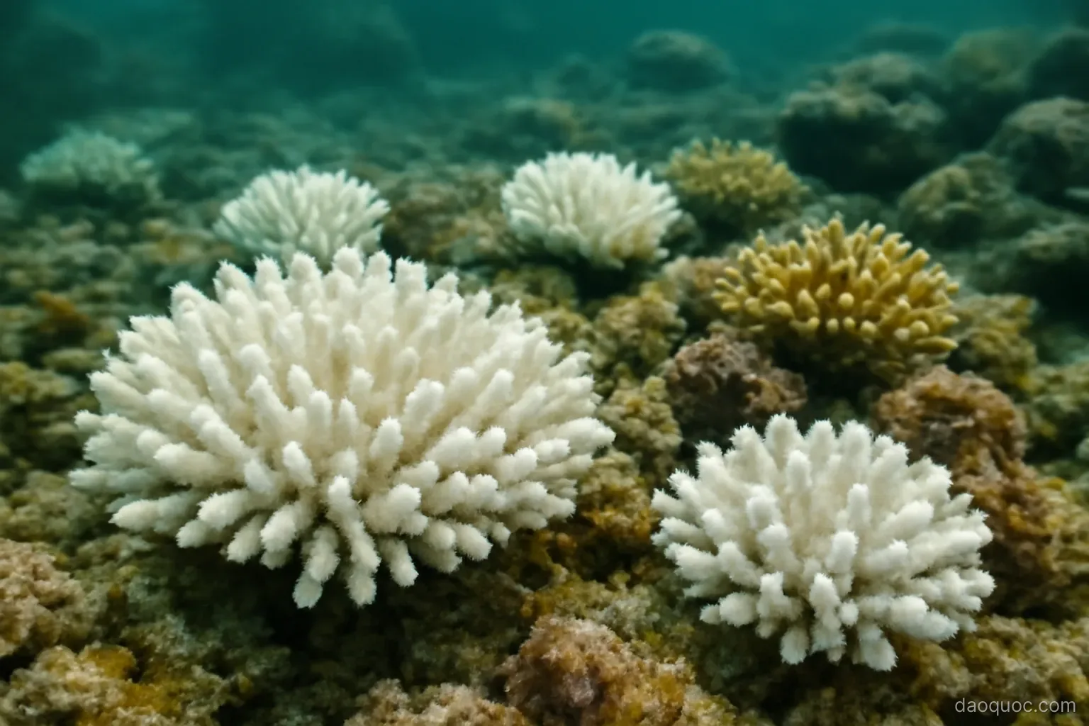 bleached white coral heads on a reef with a few surviving colonies still coloured