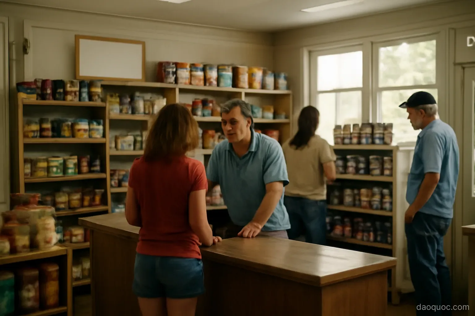 a small island general store with limited shelves and a few customers inside
