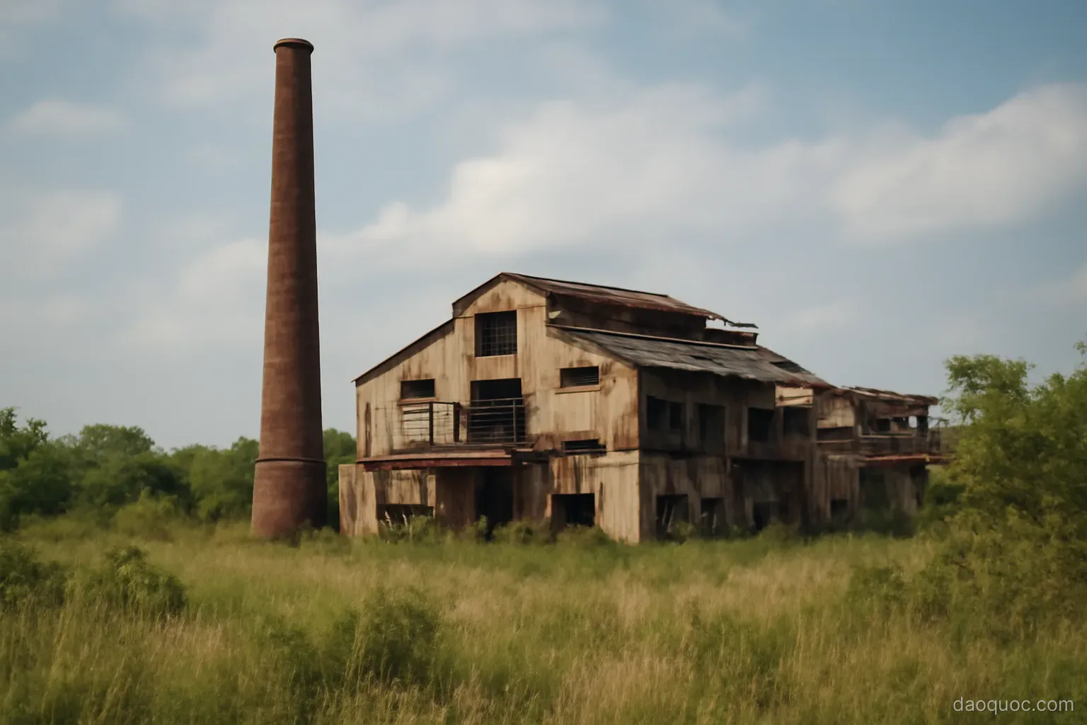 an abandoned sugar mill with a rusting chimney standing in overgrown fields