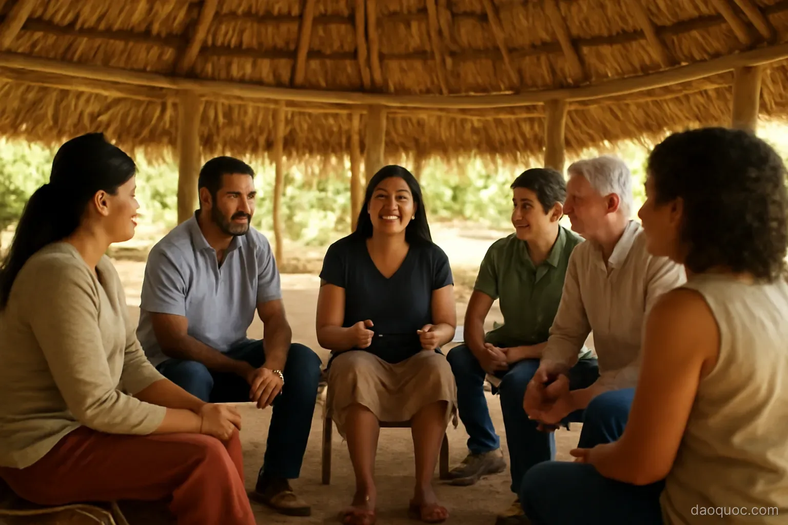people gathered under a large thatched meeting house discussing in a circle