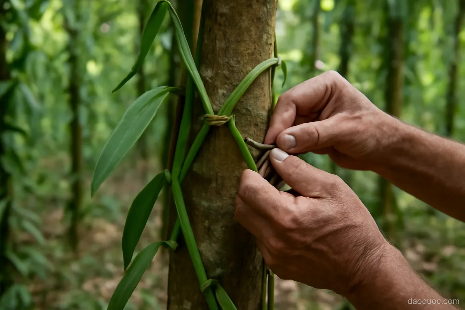 hands tying vanilla vines on a support tree in a shaded tropical plantation