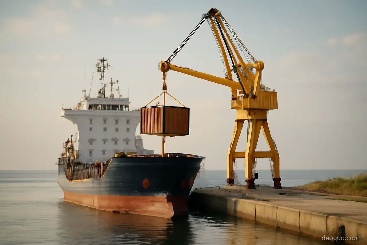 a small cargo ship being unloaded by crane onto a narrow island wharf